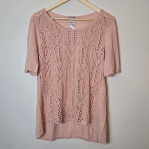 Chico's Pink Linen Blend Pointelle Chevron Knit Top Short Sleeve Size 2 Large